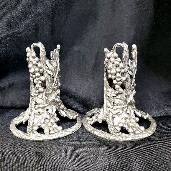 Pair Of 1991 Grape Leaf Seagull Canada Etain Fine Pewter Taper Candle Holders - Picture 13 of 13